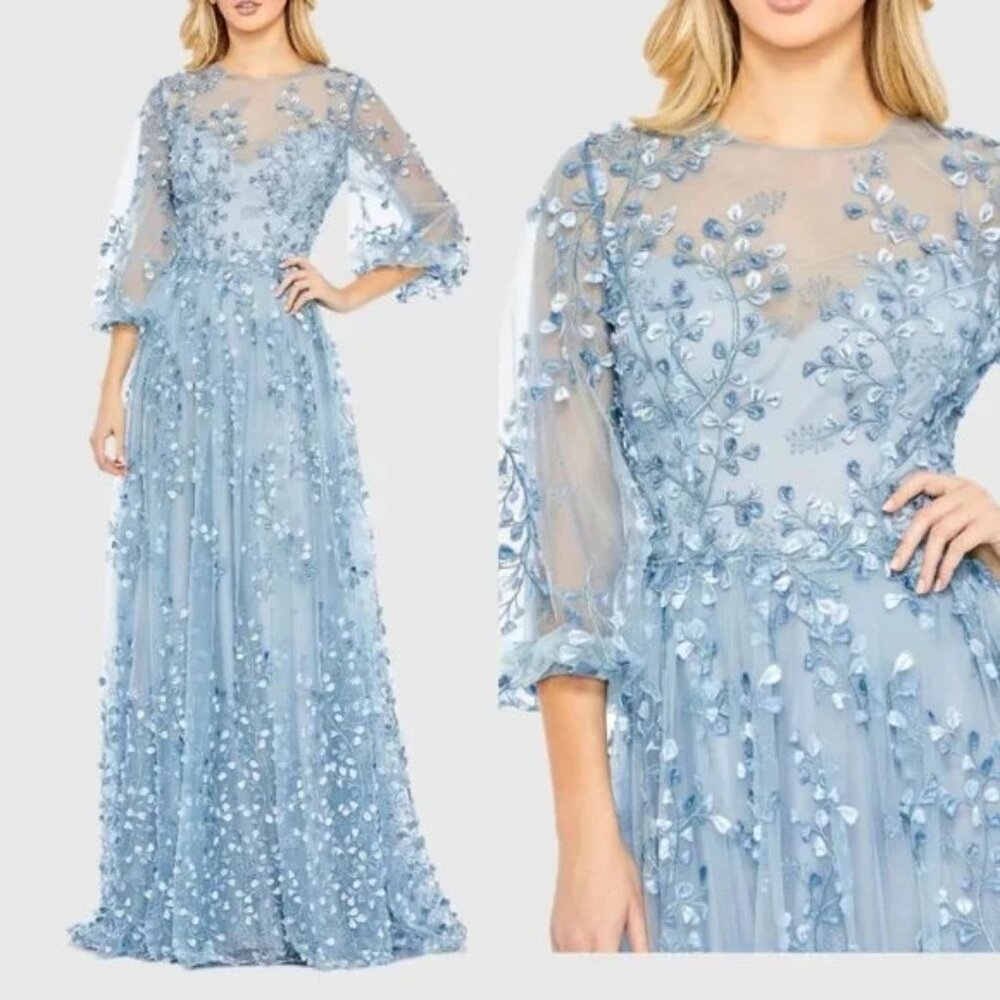 NWT | Mac Duggal 79399 Blue Embroidered Puff Sleeve A-Line Gown Size 10